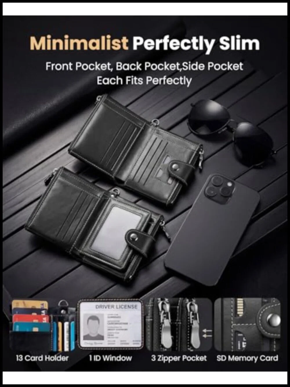 Men's RFID Zippered Short Wallet with Chain, 12 Card Holder, Faux Leather,
